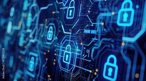 Fototapeta Secure Cryptocurrency Transactions with Blockchain Technology - Cybersecurity Concept with Padlock Symbols on Dark Tech Background