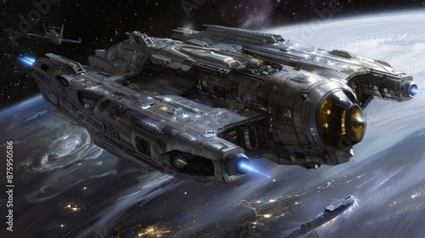 Fototapeta Futuristic Spaceship Soaring Above a Planet