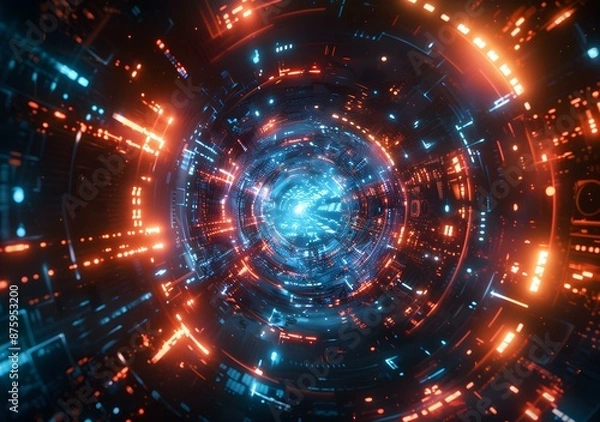 Fototapeta Abstract Digital Tunnel with Orange and Blue Lights