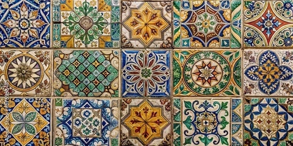 Fototapeta Various old colored tiles with intricate patterns, vintage, retro, mosaic, colorful, design, texture, background, vibrant