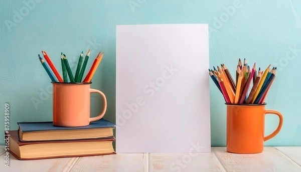 Fototapeta A desk with a blank white paper sheet and a cup of colored pencils.