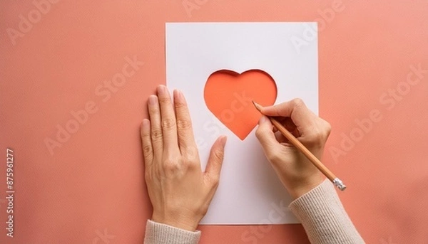 Fototapeta A person's hand drawing a heart shape on a blank white paper sheet.