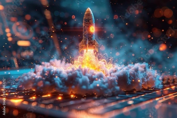 Obraz Futuristic rocket launching from a computer keyboard with vibrant lights, digital particles, and intense orange and blue hues symbolizing innovation and technologyrocket