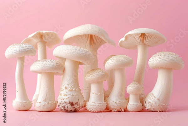 Obraz Close-up of white mushrooms against pastel pink background healthy eating concept
