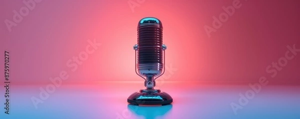 Fototapeta Retro Microphone on Pink and Blue Gradient Background  Vintage Audio Recording Equipment