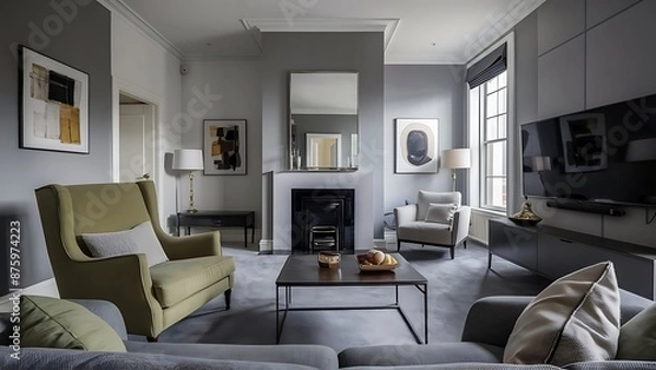 Obraz Contemporary grey living room with green armchair