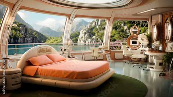 Fototapeta Futuristic interior design of a modern high-tech bedroom with a view of the mountain lake outside the window