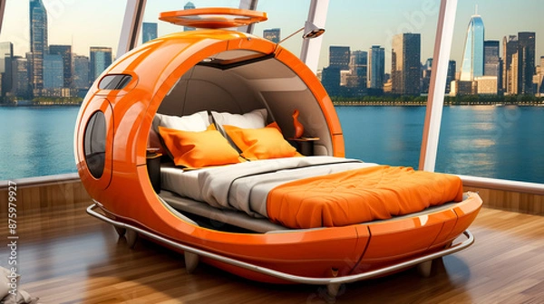 Obraz Futuristic interior design of modern bedroom with city view