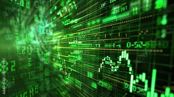 Fototapeta  Financial data streams and algorithmic patterns on a green matrix-style background 