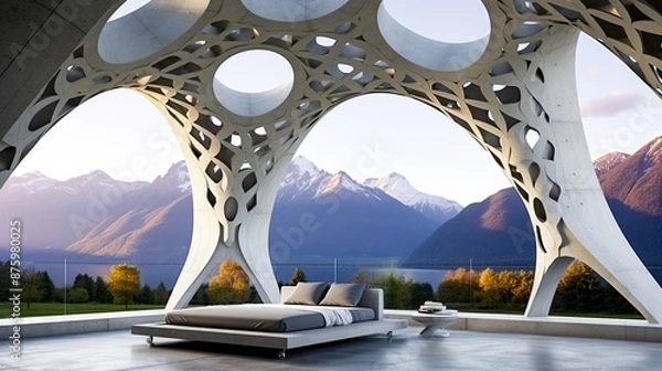 Obraz Futuristic design of a relaxation area with a bed on a terrace overlooking a mountain lake