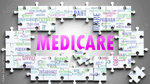 Fototapeta Medicare as a complex subject, related to important topics. Pictured as a puzzle and a word cloud made of most important ideas and phrases related to medicare. ,3d illustration