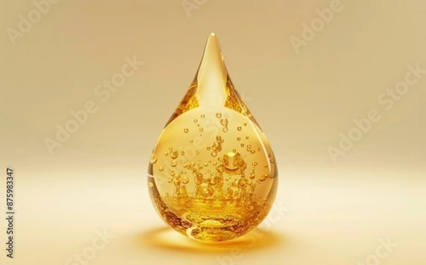 Fototapeta A drop of golden serum with bubbles inside centered and isolated on light yellow background 3d rendering illustration