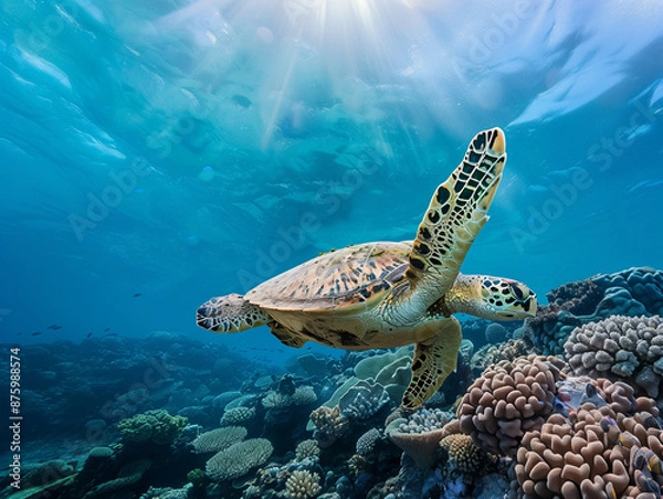 Fototapeta Sea turtle swimming next to coral reef.