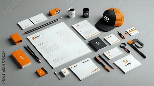 Obraz Flat lay of branding mock-up with pens, notepads, business cards, a coffee mug and a baseball cap.