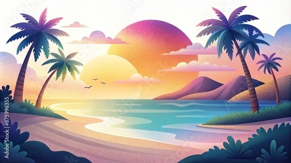 Fototapeta serene beach at sunset, with palm trees and gentle waves