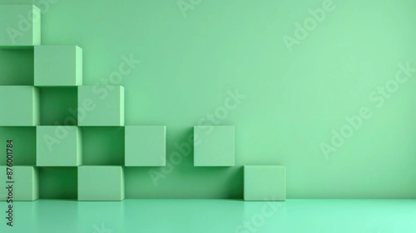 Obraz Minimalist green cubes arranged on a solid background. Modern abstract geometric design, clean and simple structure. Creative composition for backgrounds.