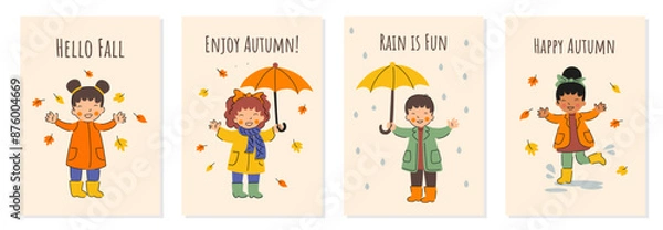 Fototapeta Fall kids poster set. Happy autumn concept. Children’s autumn activities illustration. Children playing with leaves, and holding umbrellas in the rain. Vector flat illustration.