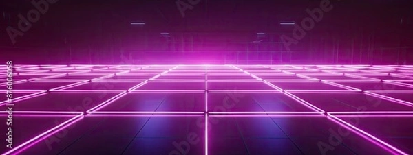 Fototapeta Neon wireframe horizon background The light purple square floor glows