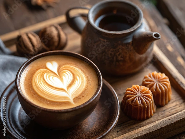 Fototapeta A cup of latte with heart design served on wooden tray
