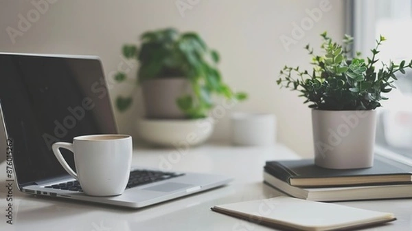 Fototapeta Productive Workspace - Minimalist Study Desk with Laptop, Coffee, and Notebooks for Work or Study Time