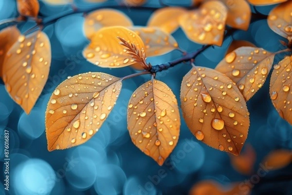 Fototapeta Close shot of orange leaves covered in water droplets with a contrasting blue bokeh background, highlighting nature’s intricate beauty and the serenity after the rain.