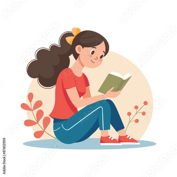 Fototapeta Cute girl sitting reading a book and dreaming. Portrait of a girl with a book. Education and recreation concept. Illustration in flat style