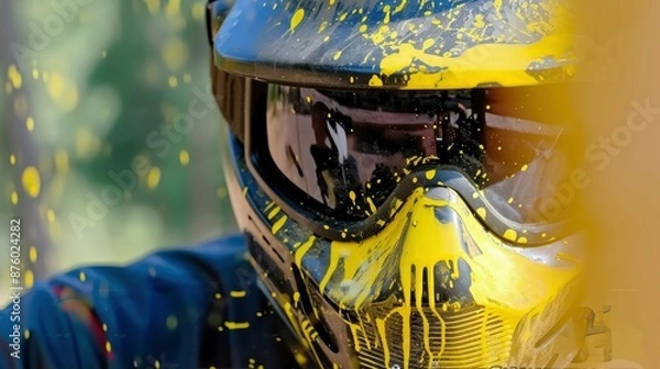 Fototapeta A paintball player's mask is covered in yellow paint splatters after a game, capturing the action and excitement of the sport.
