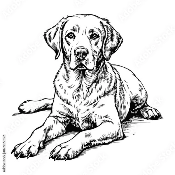 Fototapeta Sketch of a Labrador retriever lying down, front view, on a white background