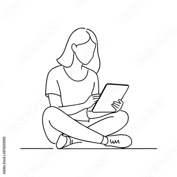 Fototapeta A woman sitting on the ground with notepad vector line art illustration