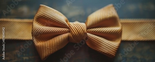 Fototapeta A closely captured image of a beautifully textured golden bow tie, showcasing intricate details of fabric patterns and knots, set against a subtly blurred background that enhances its elegance