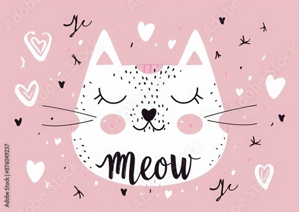 Fototapeta vector logo of a cat face with text "meow", simple shapes on a pink background, in a cute style with hand drawn lines, cute love heart shape, pastel colours. A cat print