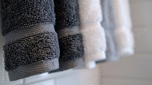 Fototapeta Close Up of Rolled Grey and White Towels