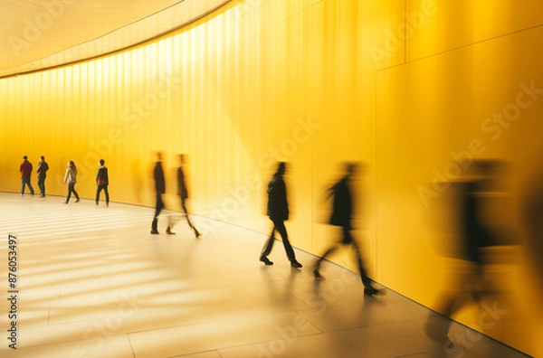 Obraz Blurred motion of people walking in a modern, yellow-colored corridor, creating a dynamic and vibrant scene