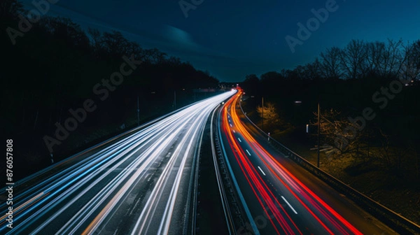 Fototapeta Light trails from passing vehicles on a busy highway at night 