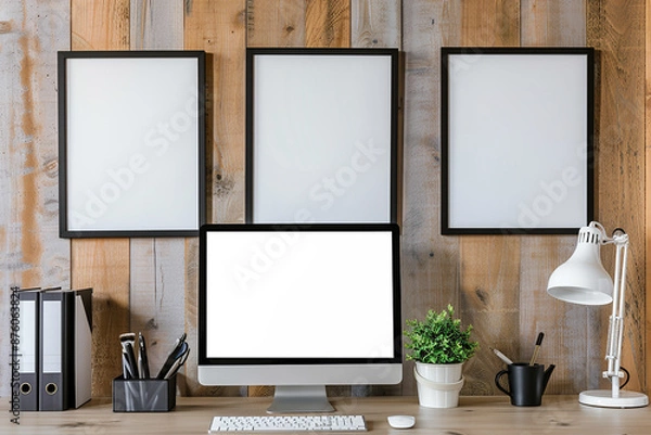 Fototapeta A modern home office setup with a computer, desk lamp, and framed pictures on a wooden wall. The clean and organized space is perfect for productivity and creativity.