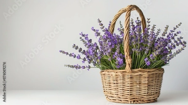 Fototapeta Tranquil Lavender Blooms in Wicker Basket on White Background