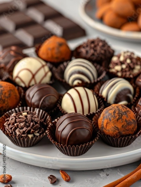 Obraz Assortment of gourmet chocolate truffles in various flavors and coatings.