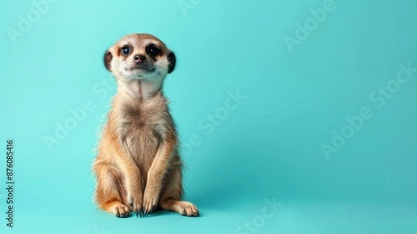 Fototapeta A happy Meerkat puppy sitting on a solid mint blue background with space above for text, illustration background