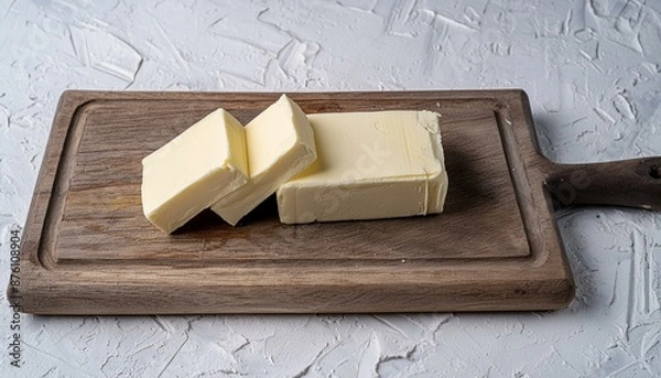 Fototapeta Wooden board with cut block of butter on white background 