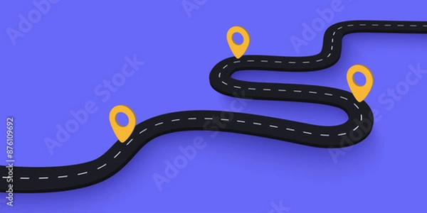 Obraz Modern flat road map and journey route infographics template. Simple vector 3d winding road with pin pointer 3d icon illustration. Flat vector illustration