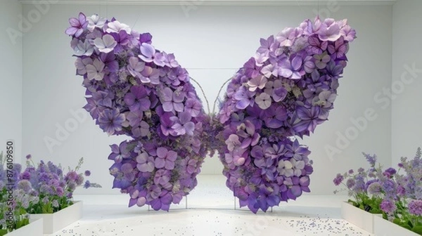 Fototapeta Large, artistic butterfly sculpture made from a variety of purple flowers, with a mirror in the center reflecting the sculpture