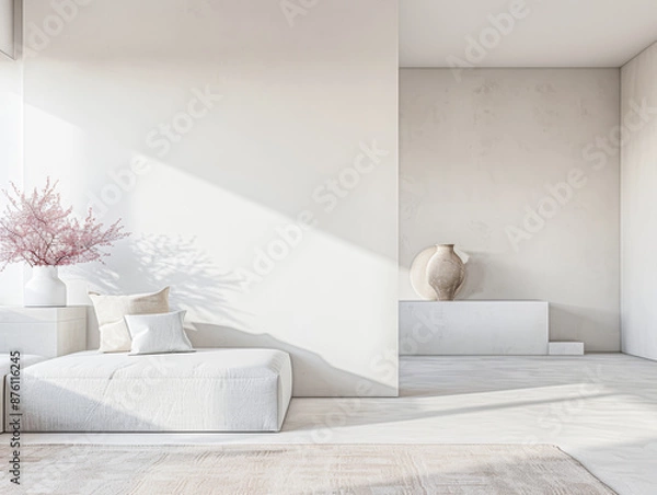 Fototapeta Empty room interiors in a minimalist property with neutral colors and plain lighting. Residential Real Estate composition with minimal furniture.