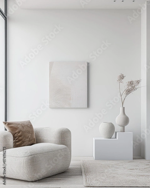 Fototapeta Empty room interiors in a minimalist property with neutral colors and plain lighting. Residential Real Estate composition with minimal furniture.