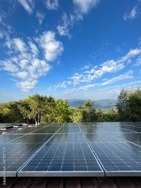 Fototapeta Solar rooftop on business building in suburb area. Clean power energy generated from nature resource using solar cells.