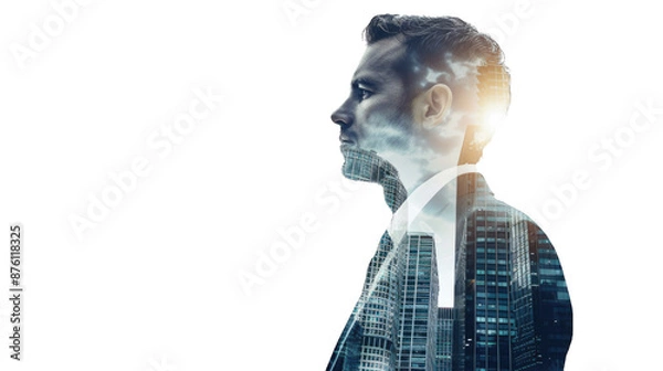 Obraz Double exposure of portrait office business workers and building architecture cityscape. creation city concept. Transparent background or PNG file.