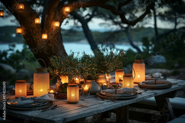 Fototapeta Evening Outdoor Dining Table with Lanterns. A beautifully set outdoor dining table adorned with glowing lanterns and surrounded by lush greenery, creating a cozy evening ambiance.