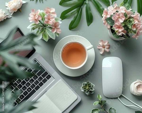 Fototapeta Modern Minimalist Office Desk with Sleek Laptop, Notepad, and Cup of Tea - Simplicity and Functionality