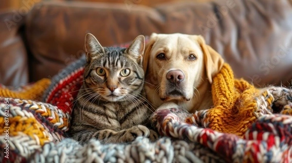 Fototapeta A cozy domestic scene of a tabby cat and Labrador dog snuggling together under blankets on a leather couch.