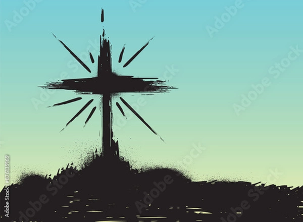Fototapeta Black symbol of Christian cross standing over splattered and splattered paint on blue background