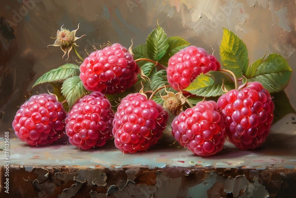 Fototapeta Oil Painting Rustic Raspberries on Textured Background. Close-up of fresh raspberries with leaves on a textured rustic background